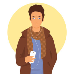 Wall Mural - Young urban man teenager listens to music with headphones. In the hands of a smartphone. Vector cartoon illustration of modern character