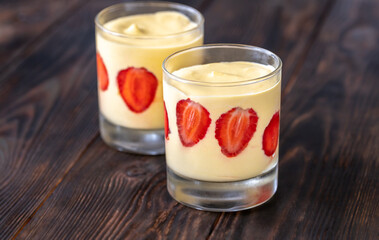 Mango custard with fresh strawberry