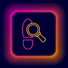 Wall Mural - Glowing neon line Magnifying glass with footsteps icon isolated on black background. Detective is investigating. To follow in the footsteps. Colorful outline concept. Vector