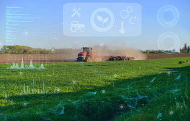 Wall Mural - remote automated control of a tractor in agriculture. AI technologies to analyze data and increase productivity and yield