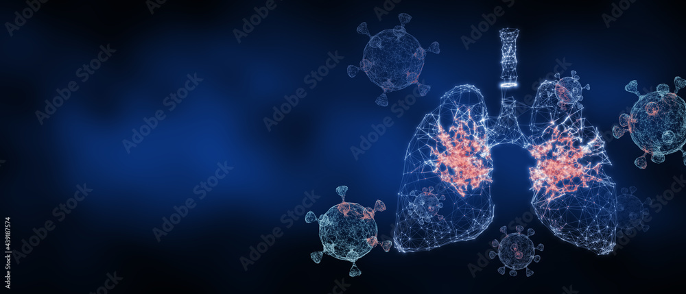 3D Illustration lung coma infection covid-19 corona sars virus treatment organ anatomy pneumonia pulmonary with futuristic digital technology innovation vaccine blue background x-ray concept - obrazy, fototapety, plakaty 