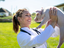 Female Vet Standing On Farm Holding Piglet To Her Face Smiling.