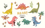 Fototapeta Dinusie - A collection of cute and colourful happy dinosaur character decorations. Vector illustration.