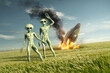 © James Thew - Vintage Flying saucer UFO crash site with green aliens. Classified extra-terrestrial life on Earth. 3D illustration
