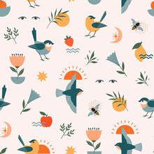 Seamless Abstract Pattern Of Nature Elements With Birds, Flowers, Fruit, Plants, Bees And Geometric Shapes.
