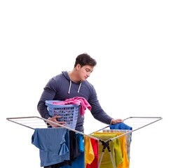 Wall Mural - Husband man doing laundry isolated on white