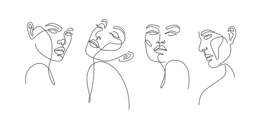 Set of stylized woman faces. Modern single line art. Woman beauty fashion concept, minimalistic style.