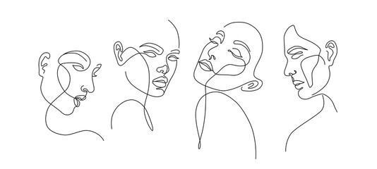 set of stylized woman faces. modern single line art. woman beauty fashion concept, minimalistic styl