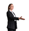 © ImageFlow - Side view of smiling attractive business woman in black formal suit holds out her hand for a handshake. Isolated on white background