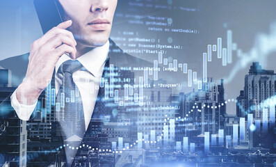 Poster - Businessman call on the phone in hand, stock market changes and skyscrapers