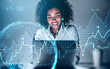 © ImageFlow - Smiling African-American businesswoman working on laptop researching financial news. Stock market changes candlesticks, data information icons. Globe projection. Concept of finance and technology