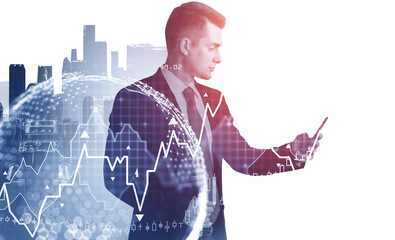 Poster - Side view businessman who checking stock market rates in smartph