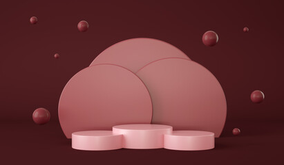 Poster - Empty red podium with circles at background and spheres floating. Product presentation. 3d render