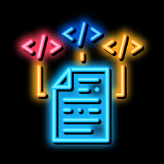 Poster - programming code file neon light sign vector. Glowing bright icon programming code file sign. transparent symbol illustration