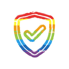 Aufkleber - Shield with check mark, logo of protection, simple icon. Drawing sign with LGBT style, seven colors of rainbow (red, orange, yellow, green, blue, indigo, violet
