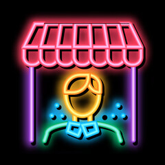Poster - shop manager neon light sign vector. Glowing bright icon shop manager sign. transparent symbol illustration