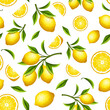 Vector seamless pattern with yellow lemon fruit and lemon branches on a white background.