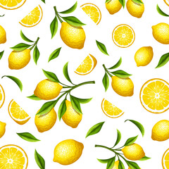 Wall Mural - vector seamless pattern with yellow lemon fruit and lemon branches on a white background.
