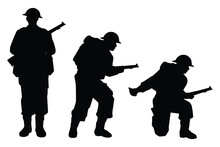 Set Of Great British Soldiers With A Rifle Weapon During World War 2 Silhouette Vector On White Background