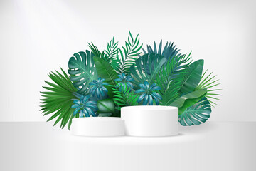 3D display podium with tropical palm leaves on white background. Jungle exotic green plant composition for product promotion. Tube stand platform for branding banner. Realistic vector illustration