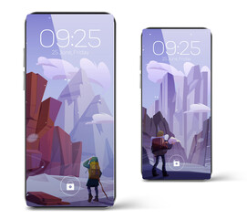 Poster - Smartphone lock screens with traveler in winter mountains landscape. Mobile phone onboard page with date, week day and time, background for digital device application. Cartoon user interface design