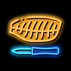 Sticker - fish fillet neon light sign vector. Glowing bright icon fish fillet sign. transparent symbol illustration