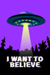 Poster with flying saucer ufo and lettering - I want to believe. Vector illustration, design element, wallpaper on theme of space, conspiracy theory, Science fiction, fantastic
