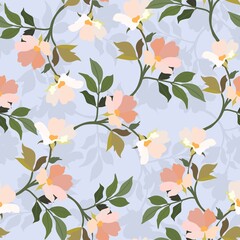 Wall Mural - Vintage flowers. Seamless pattern. A branch of a blossoming tree. Flat vector isolated illustration. Pastel colors.