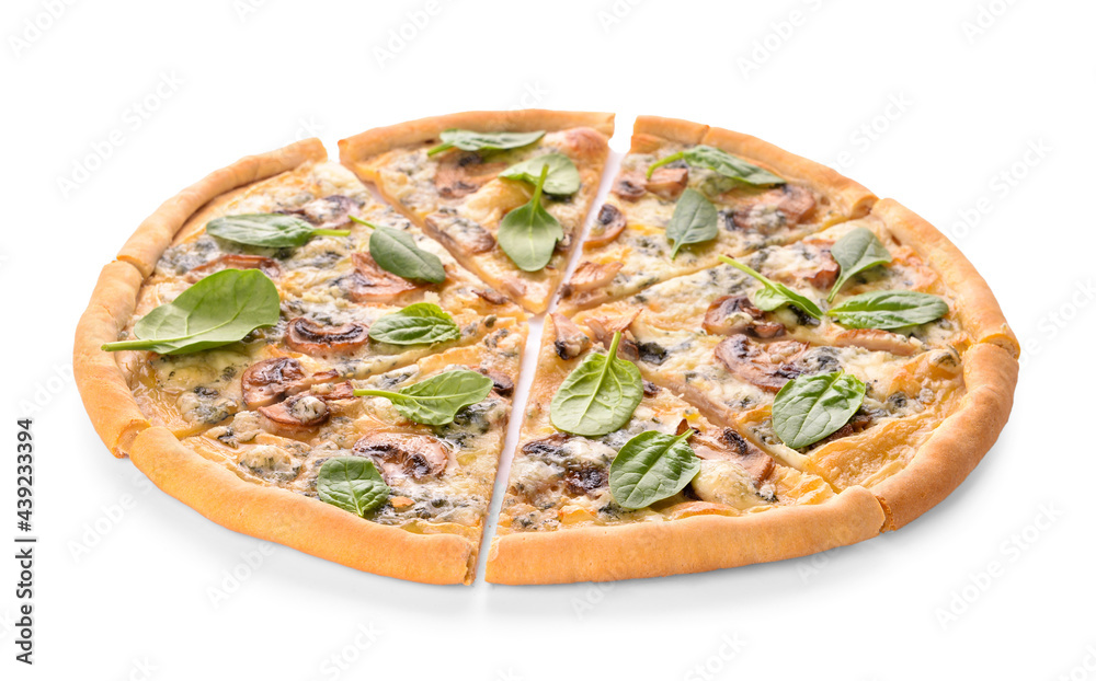 Delicious vegetarian pizza with mushrooms and spinach on white background