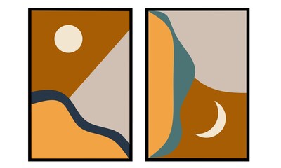 Set two of mountains, moon and sun wall art. Boho wall decor. Bohomian wall Decorations.