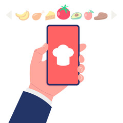 Poster - Cooking app on smartphone screen. Selection the ingredients for the recipe concept. Food icons set. Vector illustration.