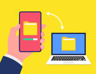 Poster - Document migration concept. Hand holding phone and transferred documents to laptop. Transfer files between devices. Vector.