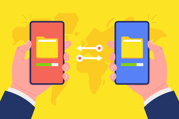 Poster - Two hands holding phones and transferred documents. Transfer files between devices. Vector.