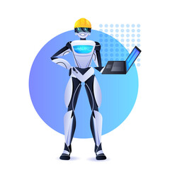 Poster - robot engineer in helmet using laptop modern robotic character artificial intelligence concept