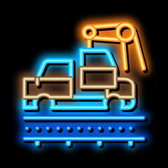 Poster - car manufacturing neon light sign vector. Glowing bright icon car manufacturing sign. transparent symbol illustration