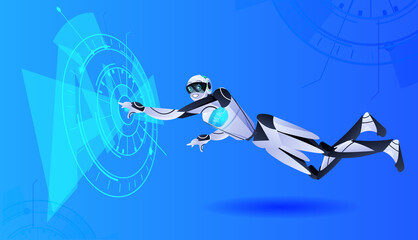 Poster - modern robotic character touching digital hologram artificial intelligence technology concept