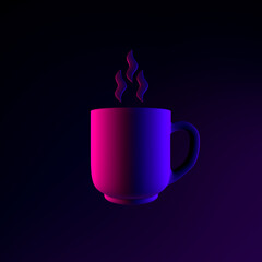 Poster - Icon neon mug and waves of steam, coffee break. 3d rendering interface ui ux element. Dark glowing symbol.