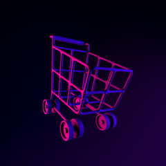 Poster - Neon icon shopping cart on wheels. 3d rendering ui ux interface element. Dark glowing symbol.