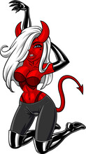 Sexy Red Devil Girl. Vector Hand Drawn Illustration Isolated On Transparent Background