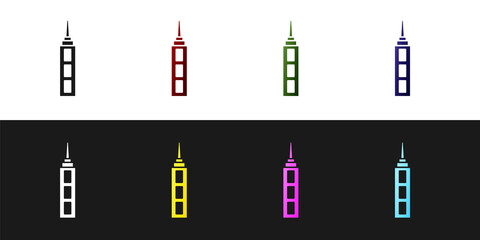 Sticker - Set Skyscraper icon isolated on black and white background. Metropolis architecture panoramic landscape. Vector