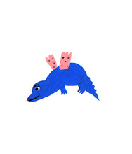 Funny Blue Crocodile With Wings On White Background,  Gouache Illustration