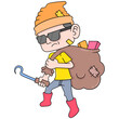a trashy scavenger man carrying a sack filled with used goods, doodle icon image kawaii