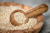Fototapeta Tulipany - Raw white quinoa seeds on wooden spoon