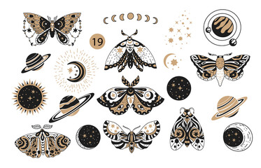 Wall Mural - bohemian boho butterfly decorative vector logo set. moth wildlife alchemy icon symbol, tattoo graphi
