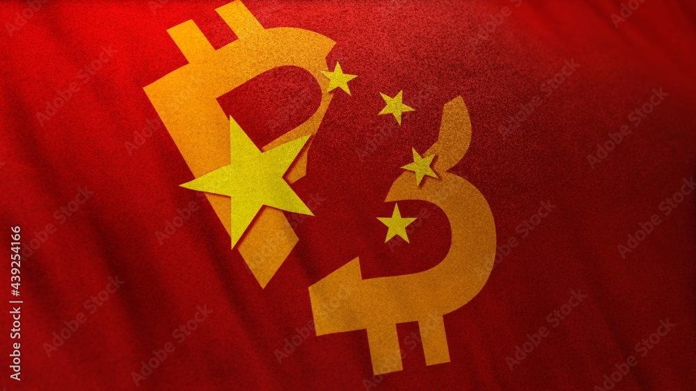 Chinese flag symbol and bitcoin symbol depicting ban of crypto mining and use of cryptocurrency in China. Concept for financial news on blockchains impacting carbon oxide reduction and climate change.