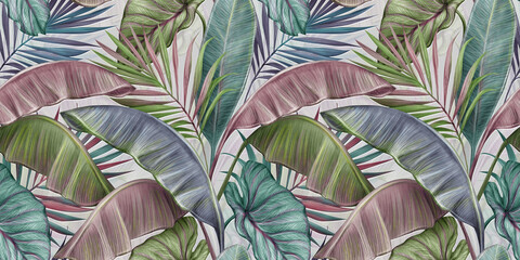 tropical exotic luxury seamless pattern with pastel color banana leaves, palm, colocasia. hand-drawn