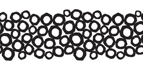 Wall Mural - Abstract Seamless Border with Black Circles, Vector Repeating Pattern horizontal with Round paper cut shapes Bubbles Simple Hand Drawn Texture Monochrome illustration for footer, header, banner, trim.