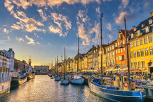 Copenhagen Denmark, Sunset City Skyline At Nyhavn Harbour With Colourful House