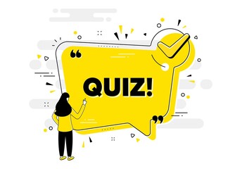 Poster - Quiz text. Check mark chat bubble banner with people. Answer question sign. Examination test symbol. Quiz approved chat message. Checklist user background. Vector
