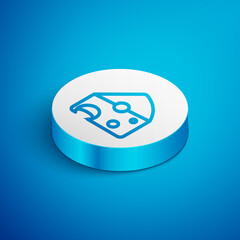 Sticker - Isometric line Cheese icon isolated on blue background. White circle button. Vector